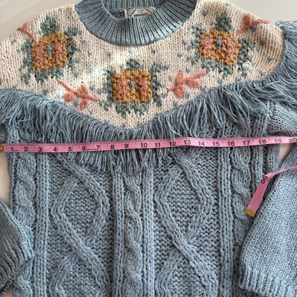 Vintage Floral Fringe Cable Knit Sweater Sz M Cottagecore Blue Cream - Picture 6 of 10